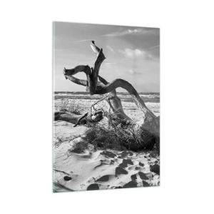Cuadro sobre vidrio - Impresiones sobre Vidrio - Un paisaje en blanco y negro con una rama caída en una playa. - 50x70cm - Escultura marina - Decoración de pared moderna para salón y dormitorio ARTTOR