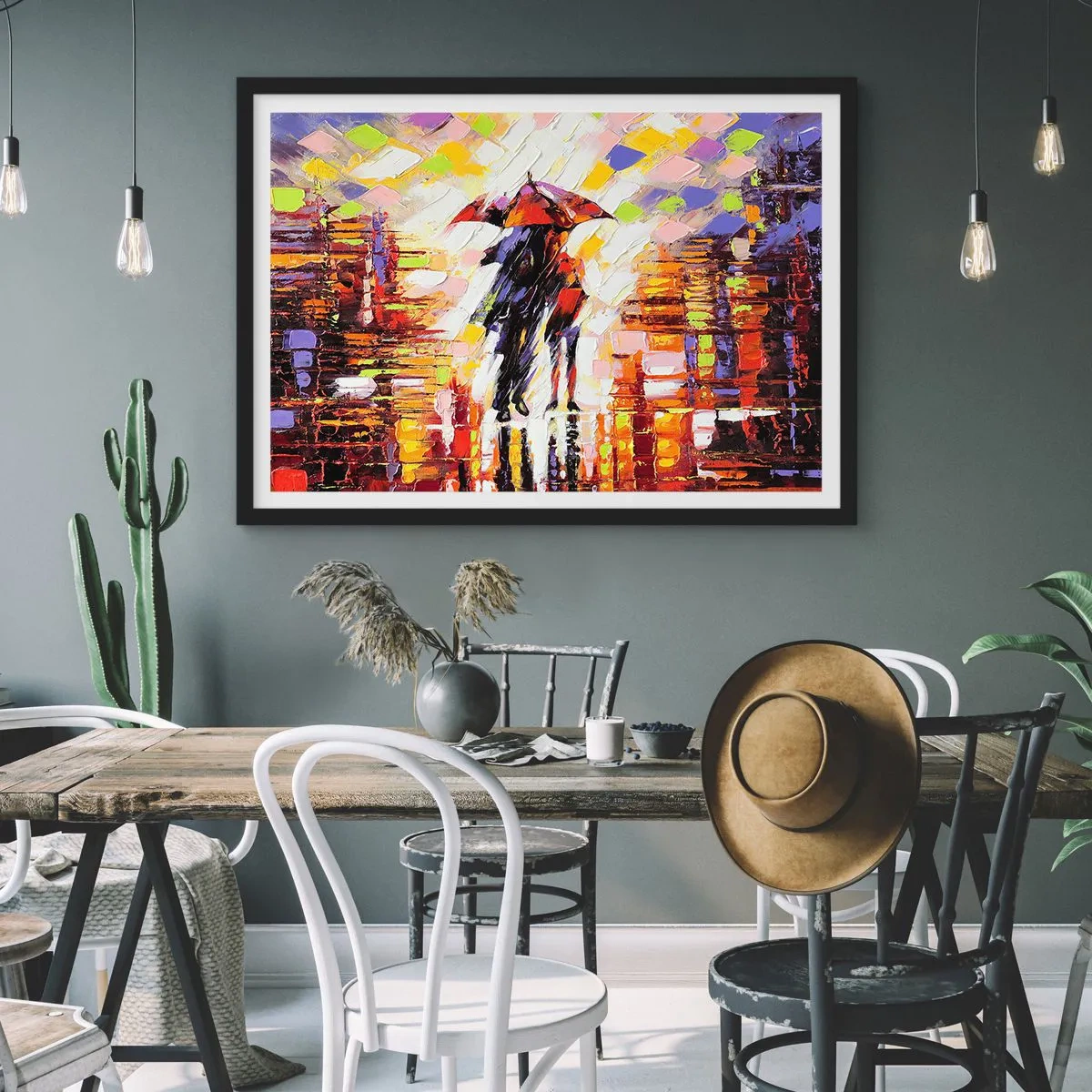 Póster en marco negro - Una escena abstracta de un paseo bajo un paraguas en una noche lluviosa. - 70x50cm - Juntos a través de la noche y la lluvia - Decoración de pared moderna para salón y dormitorio ARTTOR