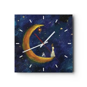 Reloj de pared - Reloj de vidrio - Una niña parada en la luna en un cielo estrellado. - 30x30cm - La llamada de la Luna - Decoración de pared moderna para salón y dormitorio ARTTOR