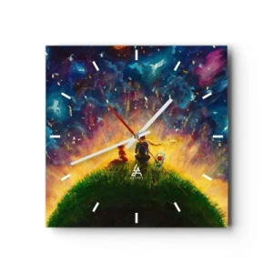 Reloj de pared - Reloj de vidrio - Figuras en una colina verde rodeada de un cielo estrellado. - 30x30cm - Amor y amistad - lo único entero - Decoración de pared moderna para salón y dormitorio ARTTOR