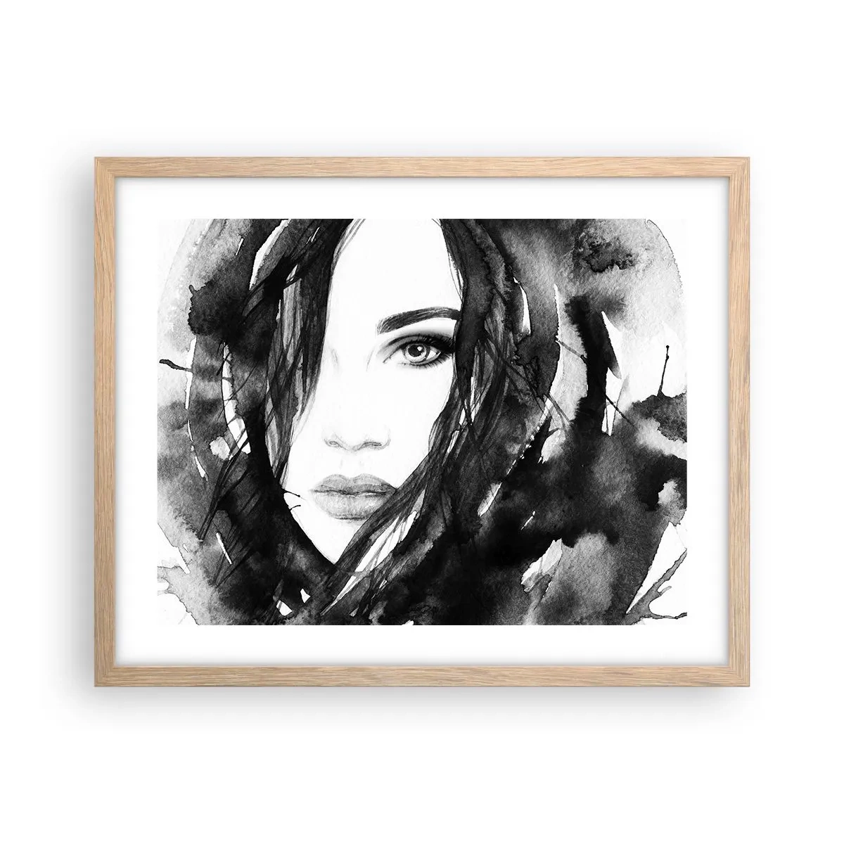 Póster en marco roble claro - Retrato de una dama en blanco y negro - 50x40 cm