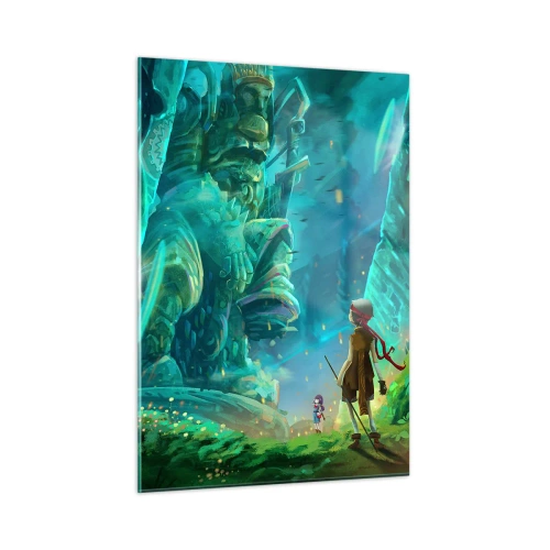 Cuadro sobre vidrio - Impresiones sobre Vidrio - Paisaje de fantasía con una figura y una estatua antigua en el bosque. - 50x70cm - Del gran libro de los cuentos de hadas - Decoración de pared moderna para salón y dormitorio ARTTOR