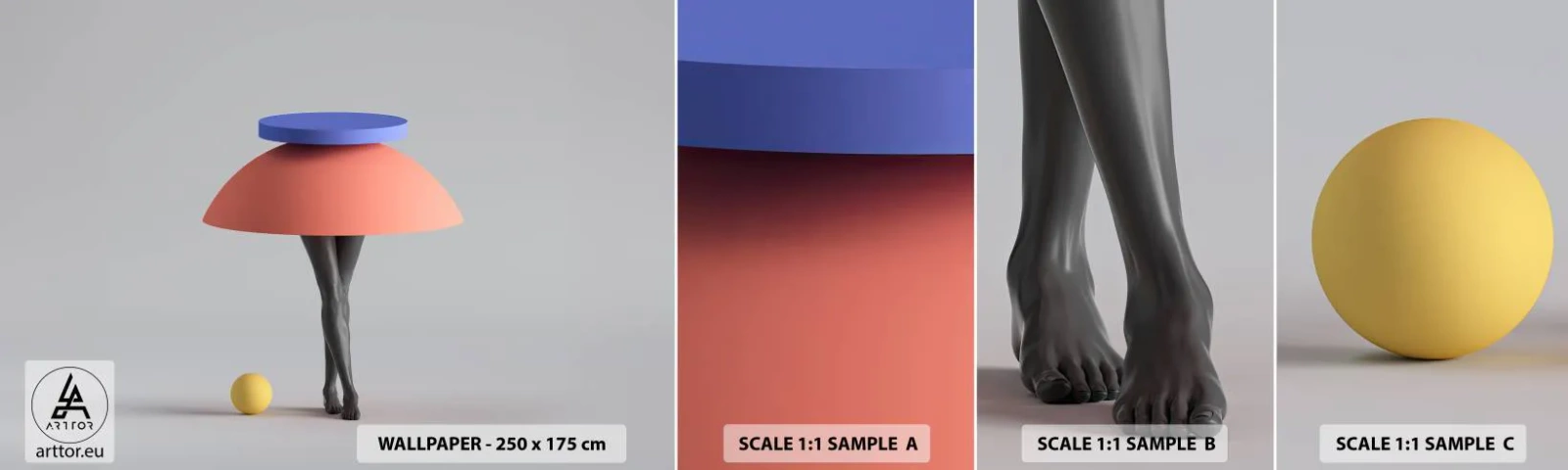 Muestra de fotomural autoadhesivo Deluxe Sticker - Composición surrealista - 3D, Piernas, formas - 100x30 cm