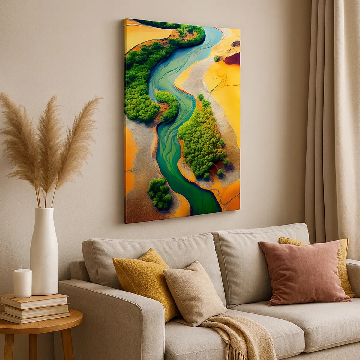 Cuadro sobre lienzo - Impresión de Imagen - Un río verde rodeado de arenas doradas y vegetación. - 50x70cm - Río que da vida - Decoración de pared moderna para salón y dormitorio ARTTOR