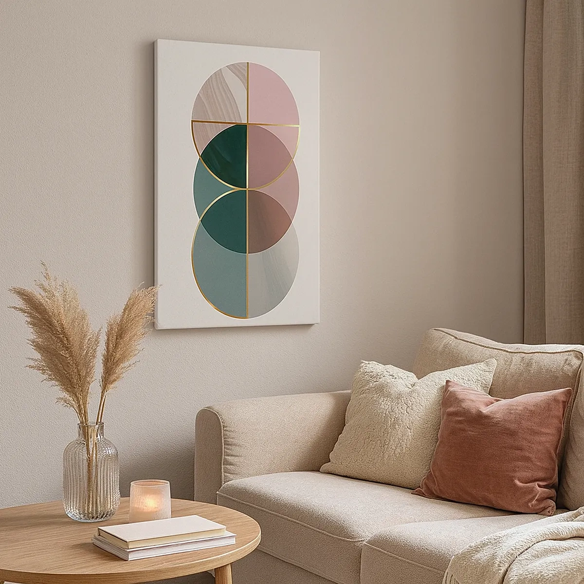 Cuadro sobre lienzo - Impresión de Imagen - Una composición abstracta de formas geométricas y líneas doradas. - 50x70cm - Círculo tras círculo... - Decoración de pared moderna para salón y dormitorio ARTTOR