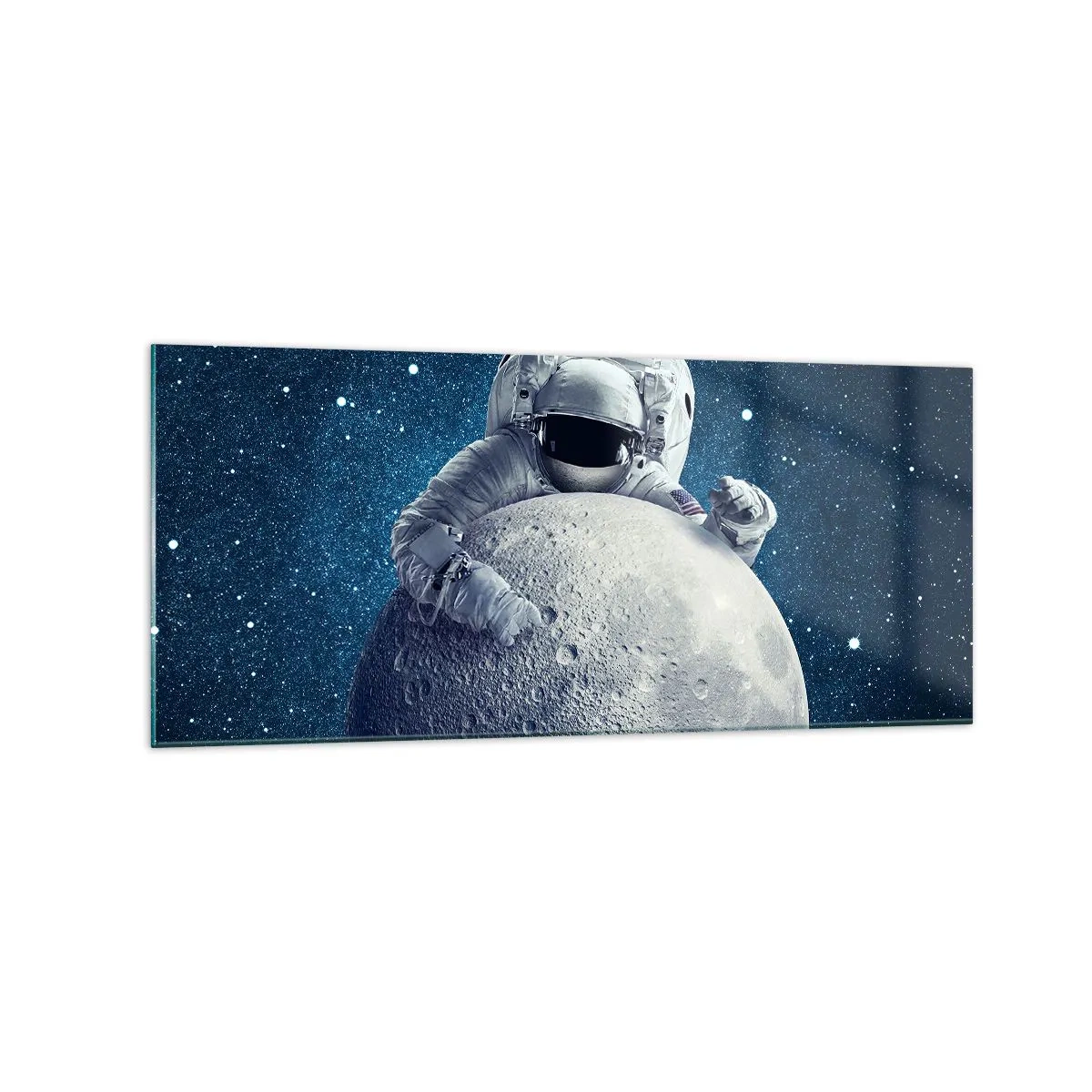 Cuadro sobre vidrio - Impresiones sobre Vidrio - Astronauta sosteniendo la luna contra un cielo estrellado - 120x50cm - Bromista espacial - Decoración de pared moderna para salón y dormitorio ARTTOR