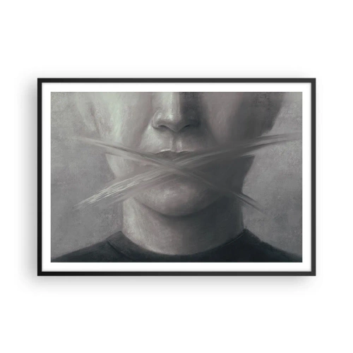 Póster en marco negro - Un retrato simbólico con labios difuminados en tonos grises. - 100x70cm - Ni una palabra - Decoración de pared moderna para salón y dormitorio ARTTOR