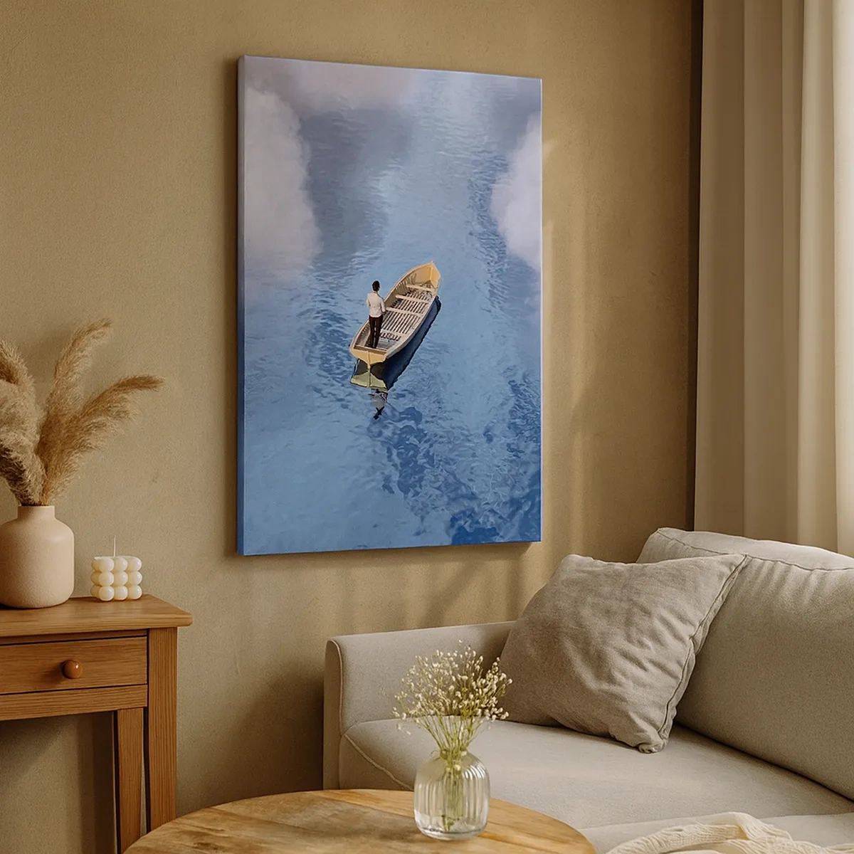 Cuadro sobre lienzo - Impresión de Imagen - Un hombre en un barco en un mar tranquilo rodeado de nubes. - 50x70cm - La vida - el viaje - lo desconocido - Decoración de pared moderna para salón y dormitorio ARTTOR