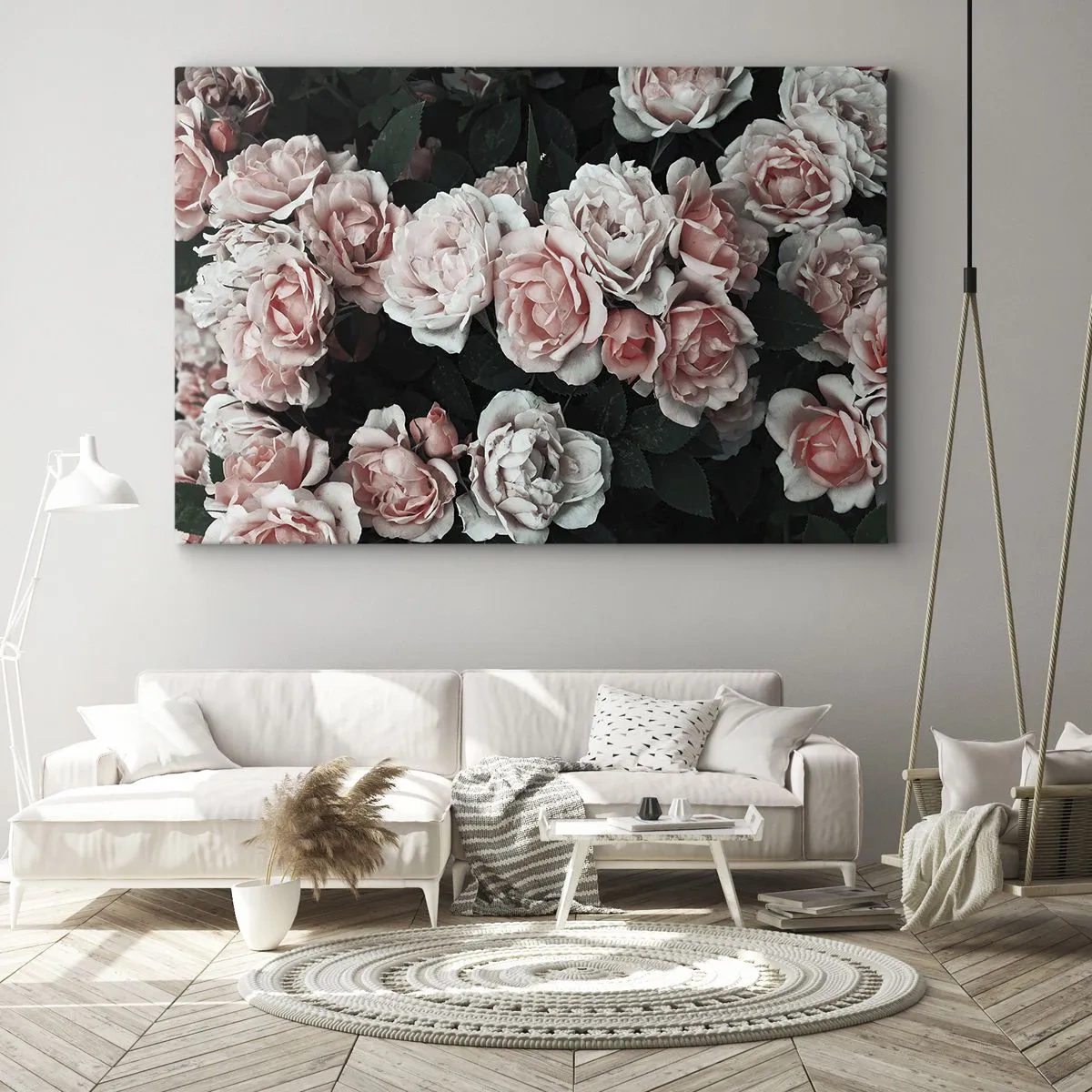 Cuadro sobre lienzo - Impresión de Imagen - Rosas rosadas sobre un fondo oscuro en una composición sutil. - 70x50cm - Conjunto de rosas - Decoración de pared moderna para salón y dormitorio ARTTOR