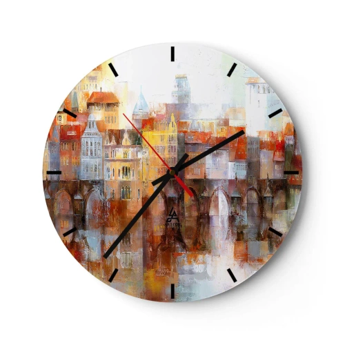 Reloj de pared - Reloj de vidrio - Una ciudad pintoresca con un puente y reflejo en el agua. - 30x30cm - Puente y ciudad - Decoración de pared moderna para salón, cocina y dormitorio ARTTOR