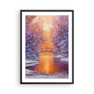 Póster en marco negro - Paisaje invernal con un puente y el sol poniente reflejado en el río. - 50x70cm - Reunámonos aquí - Decoración de pared moderna para salón y dormitorio ARTTOR