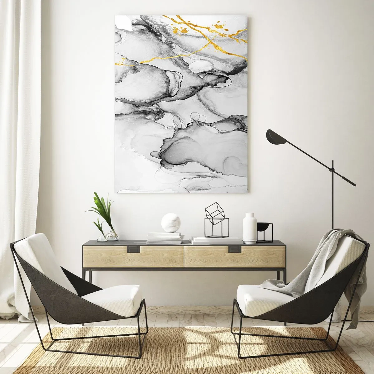 Cuadro sobre vidrio - Impresiones sobre Vidrio - Composición abstracta en blanco y negro con acento dorado. - 50x70cm - Composición con motivo de oro - Decoración de pared moderna para salón y dormitorio ARTTOR