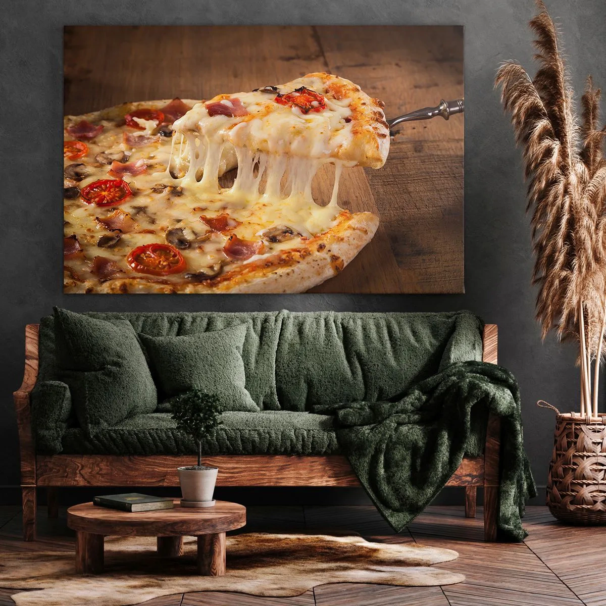 Cuadro sobre lienzo - Impresión de Imagen - Pizza con queso fibroso - 120x80cm - Una obra maestra del arte italiano - Decoración de pared moderna para salón y dormitorio ARTTOR