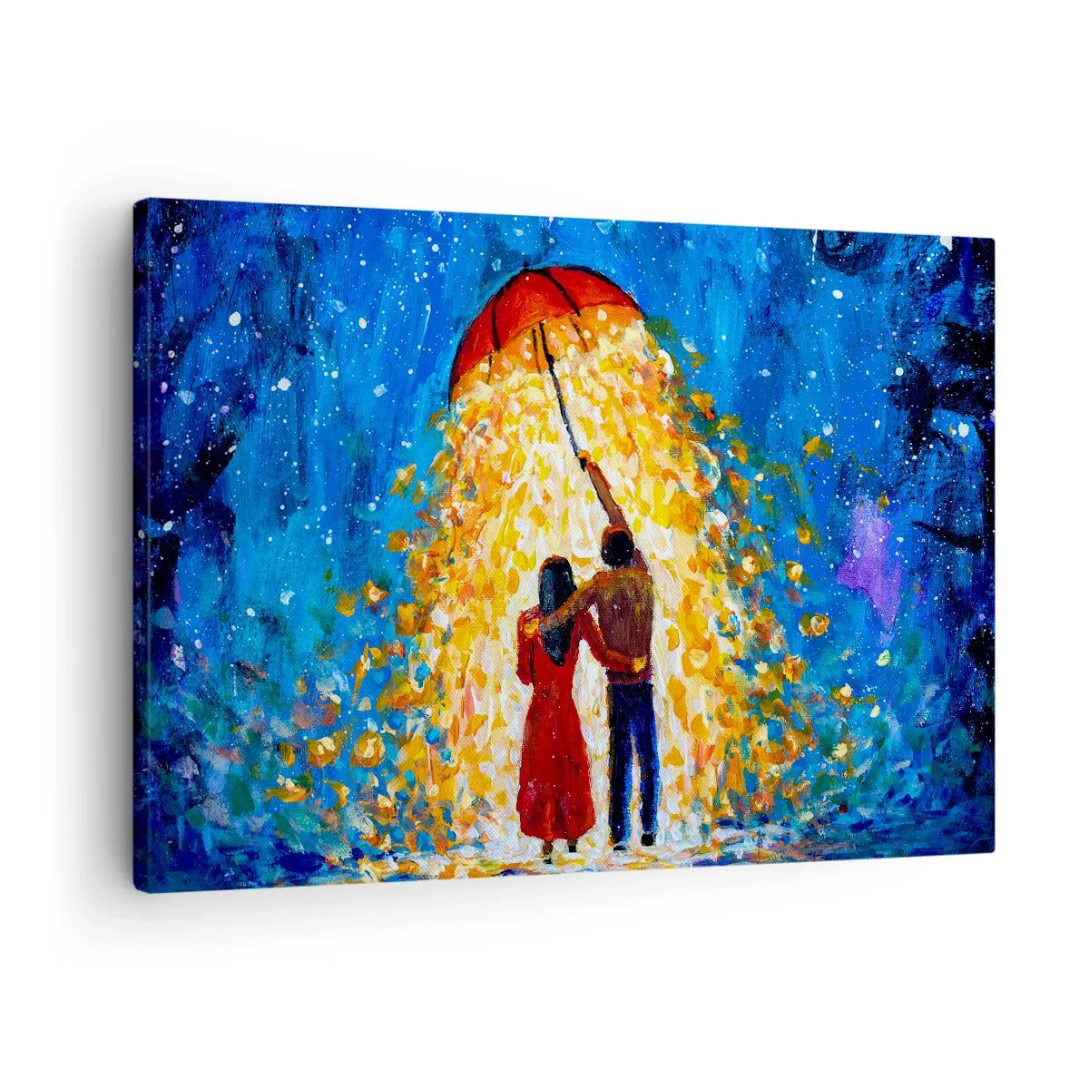 Cuadro sobre lienzo - Impresión de Imagen - Una pareja bajo un paraguas rojo bajo la lluvia luminosa. - 70x50cm - La magia de una tarde lluviosa - Decoración de pared moderna para salón y dormitorio ARTTOR
