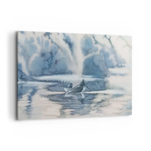 Cuadro sobre lienzo - Impresión de Imagen - Paisaje de acuarela con barcos en un lago rodeado de un bosque brumoso. - 100x70cm - Pescadores en su paraíso - Decoración de pared moderna para salón y dormitorio ARTTOR