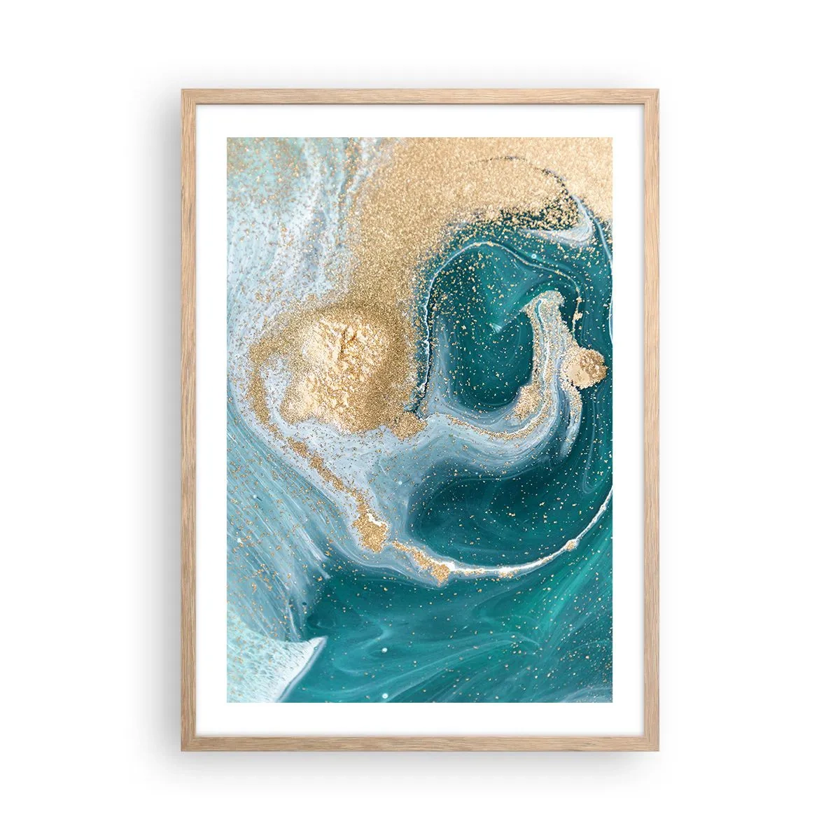 Póster en marco roble claro - Un remolino de oro y turquesa - 50x70 cm