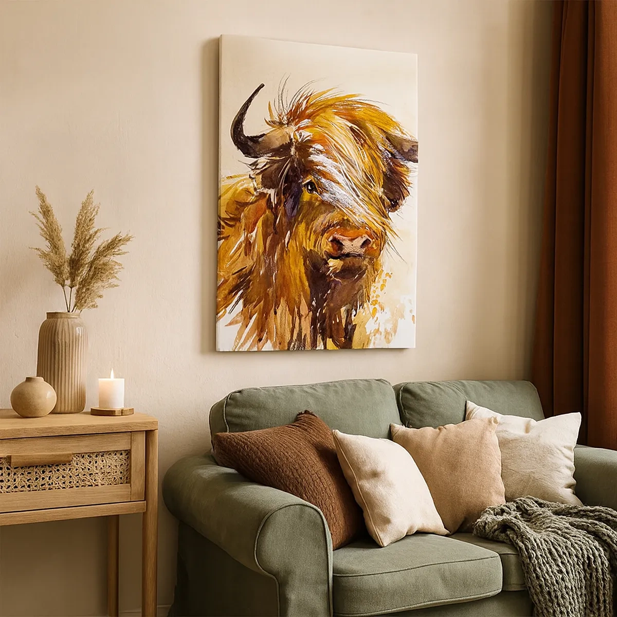 Cuadro sobre lienzo - Impresión de Imagen - Retrato de un toro en estilo artístico de acuarela. - 50x70cm - El orgullo del líder - Decoración de pared moderna para salón y dormitorio ARTTOR