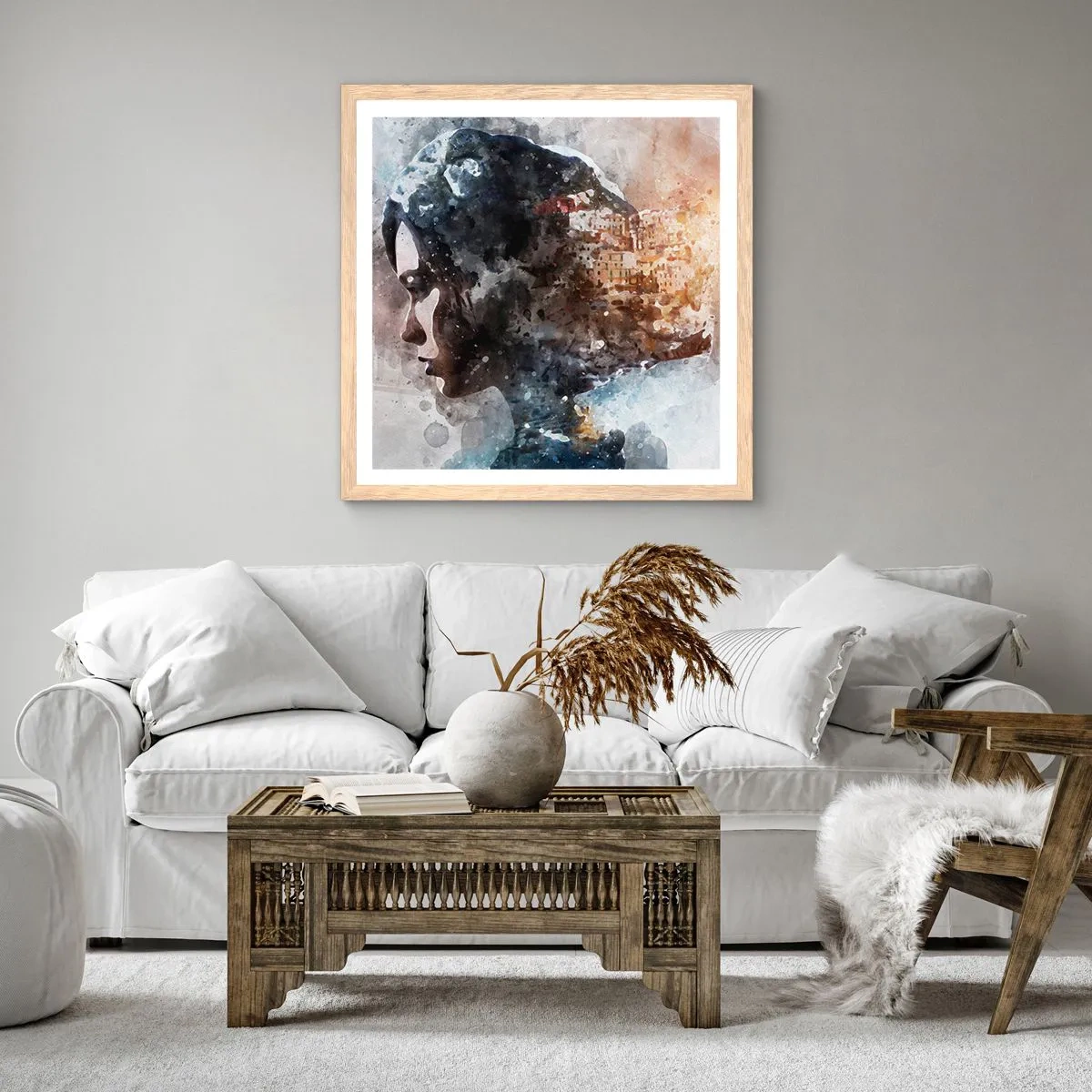 Póster en marco roble claro - Una historia sobre una niña con una ciudad de fondo - 40x40 cm