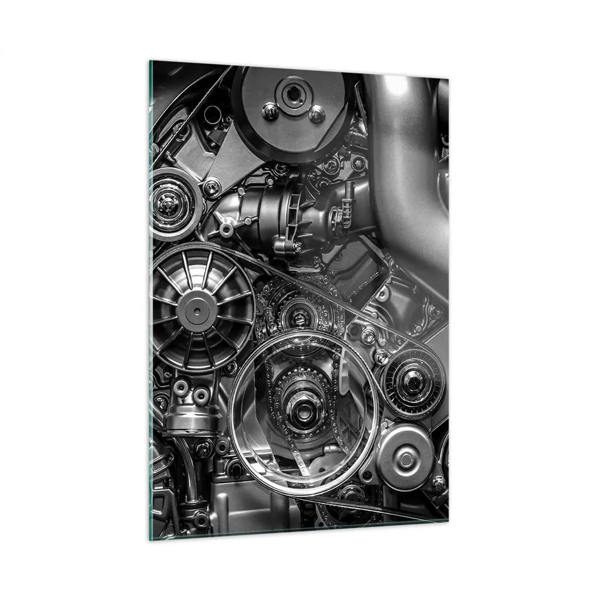 Cuadro sobre vidrio - Impresiones sobre Vidrio - Detalle de un motor en blanco y negro con mecanismos visibles. - 50x70cm - La poesía de la mecánica - Decoración de pared moderna para salón y dormitorio ARTTOR