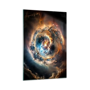 Cuadro sobre vidrio - Impresiones sobre Vidrio - Una visión abstracta de una explosión cósmica en tonos dorados y azules. - 80x120cm - El inicio de todo - Decoración de pared moderna para salón y dormitorio ARTTOR