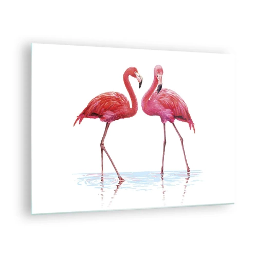Cuadro sobre vidrio - Impresiones sobre Vidrio - Dos flamencos rosados de pie en el agua. - 70x50cm - Cita rosada - Decoración de pared moderna para salón y dormitorio ARTTOR