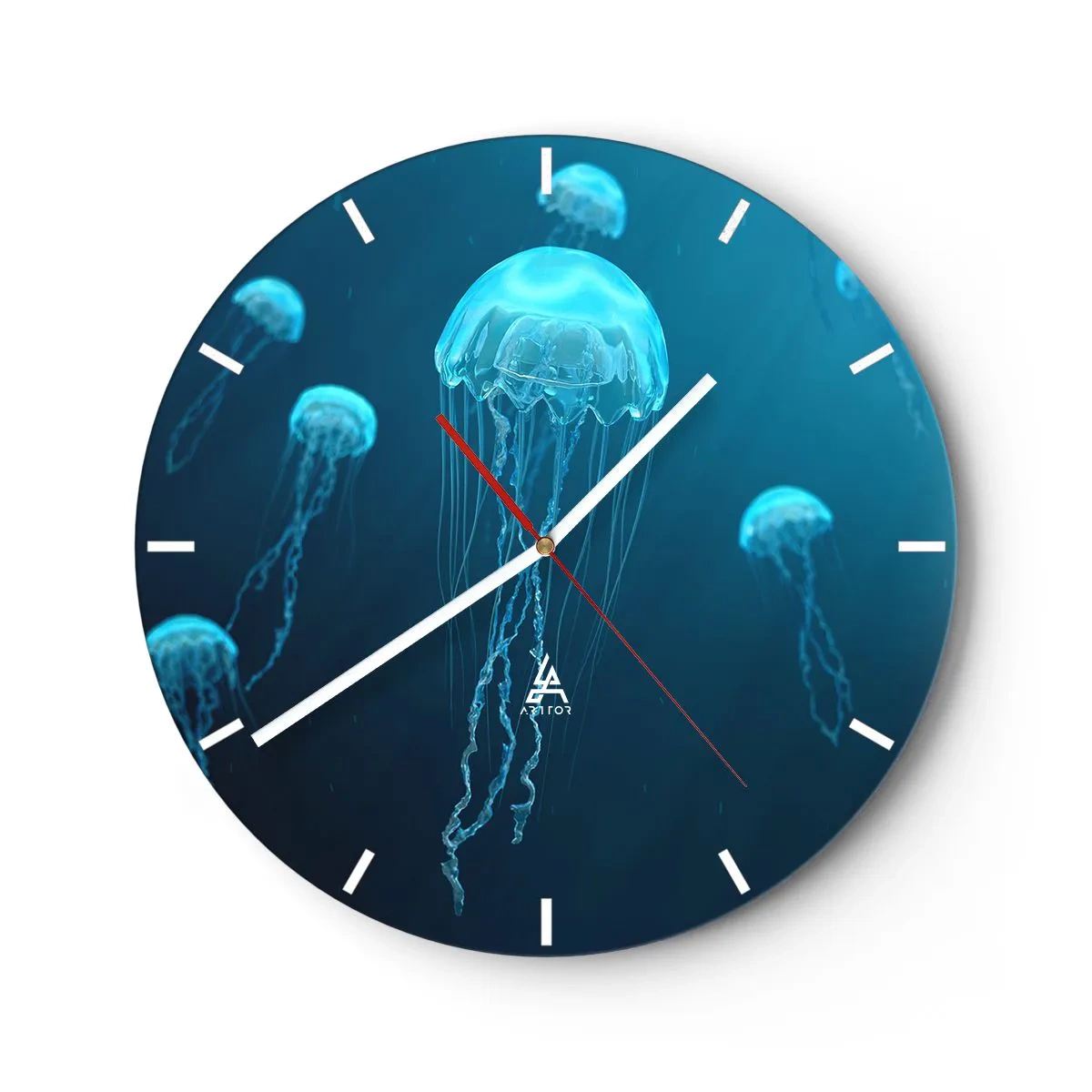 Reloj de pared - Reloj de vidrio - Medusas flotando en el océano azul profundo - 30x30cm - Danza oceánica - Decoración de pared moderna para salón, cocina y dormitorio ARTTOR