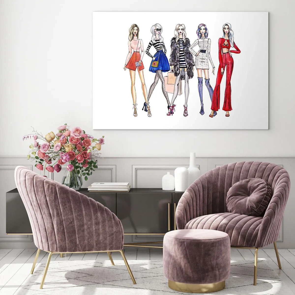 Cuadro sobre vidrio - Impresiones sobre Vidrio - Personajes de moda con atuendos elegantes en la ilustración. - 100x70cm - Every week Fashion Week - Decoración de pared moderna para salón y dormitorio ARTTOR