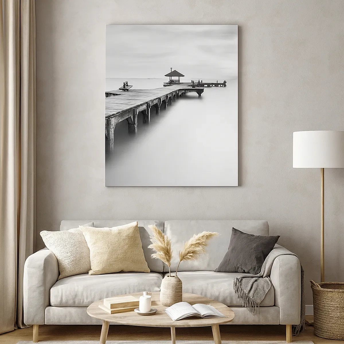 Cuadro sobre lienzo - Impresión de Imagen - Una vista en blanco y negro de un muelle de madera sobre aguas tranquilas. - 50x70cm - Lejos - Decoración de pared moderna para salón y dormitorio ARTTOR