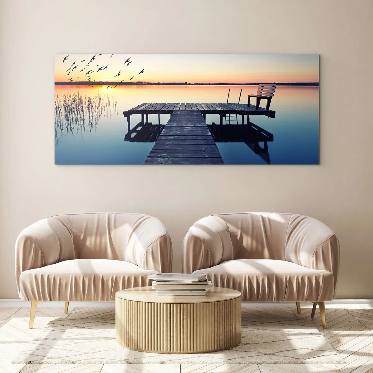 Cuadro sobre vidrio - Impresiones sobre Vidrio - Muelle de madera en un lago al amanecer con pájaros - 120x50cm - Fue un buen día - Decoración de pared moderna para salón y dormitorio ARTTOR
