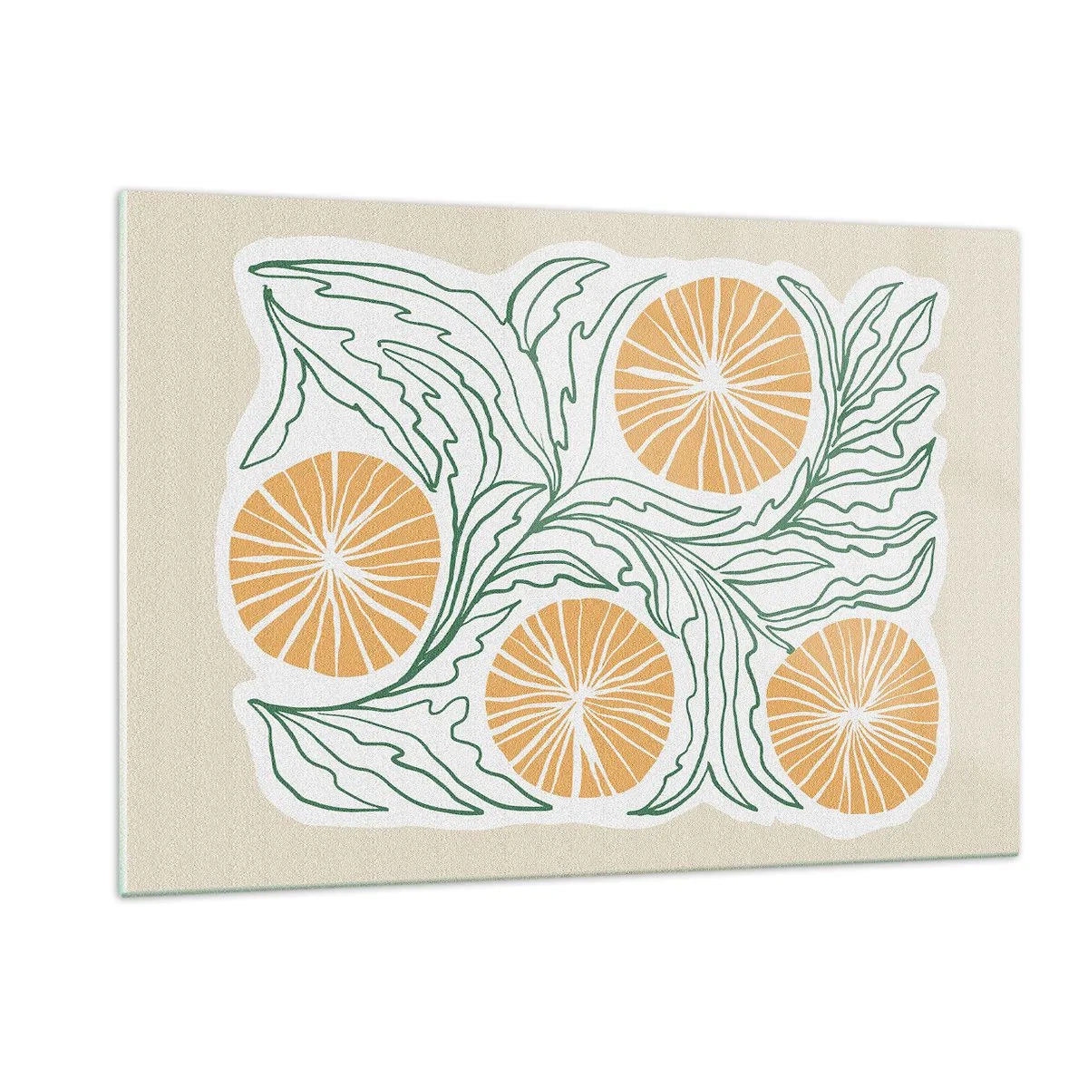 Cuadro sobre vidrio - Impresiones sobre Vidrio - Frutos anaranjados y hojas verdes en una composición gráfica. - 120x80cm - Étnico con un toque de abstracción - Decoración de pared moderna para salón y dormitorio ARTTOR