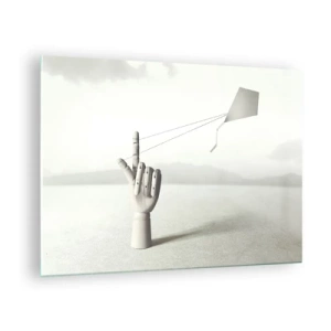 Cuadro sobre vidrio - Impresiones sobre Vidrio - Una mano de madera que sostiene una cometa flotante en su dedo. - 70x50cm - Una prueba de fuerza - Decoración de pared moderna para salón y dormitorio ARTTOR