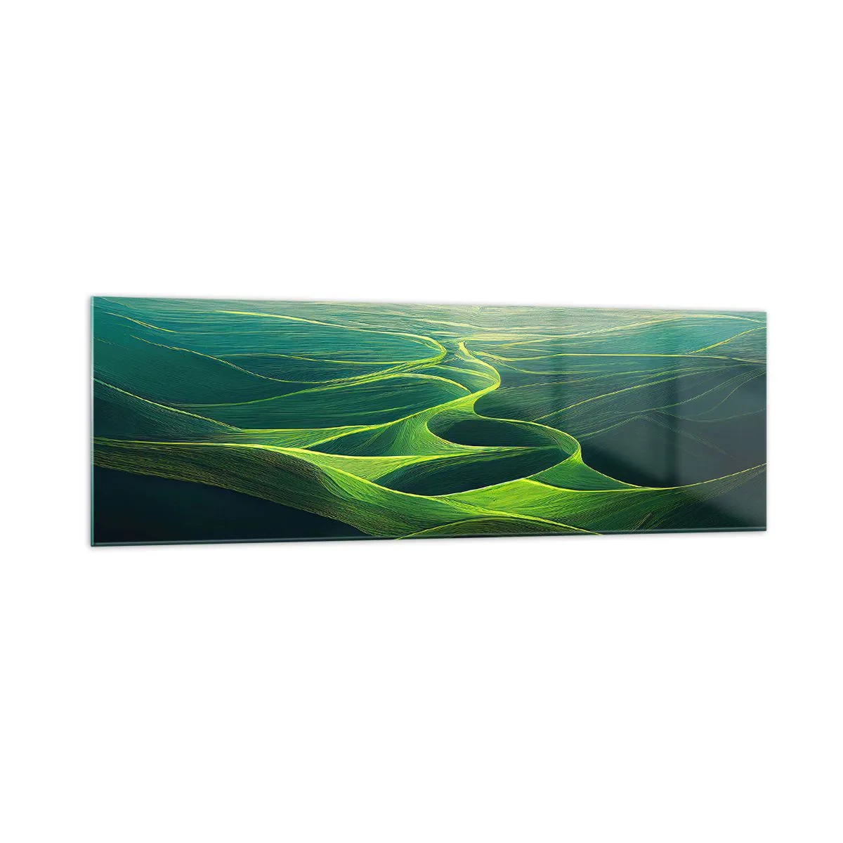 Cuadro sobre vidrio - Impresiones sobre Vidrio - Colinas verdes con senderos ondulados - 160x50cm - Valles en tonos verdes - Decoración de pared moderna para salón y dormitorio ARTTOR