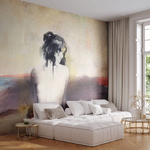 Fotomural Premium Canvas - Un retrato sutil de una mujer en estilo artístico. - 100x70cm - Líneas suaves, formas ovaladas - Decoración de pared moderna para salón y dormitorio ARTTOR