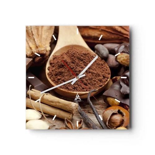 Reloj de pared - Reloj de vidrio - Una cucharada de ingredientes de cacao y chocolate en un arreglo rústico. - 30x30cm - Lo mejor para las penas - Decoración de pared moderna para salón y dormitorio ARTTOR