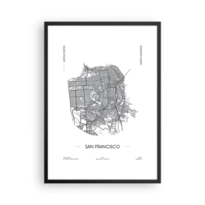 Póster en marco negro - Un mapa minimalista de San Francisco en blanco y negro. - 50x70cm - Anatomía de San Francisco - Decoración de pared moderna para salón y dormitorio ARTTOR