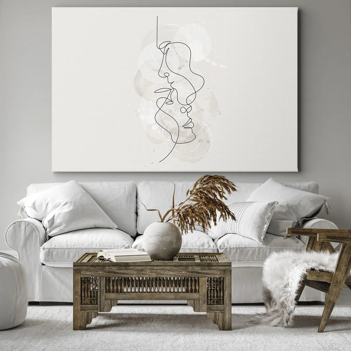 Cuadro sobre lienzo - Impresión de Imagen - Esquema abstracto de dos caras sobre un fondo claro - 70x50cm - En un abrazo - Decoración de pared moderna para salón y dormitorio ARTTOR