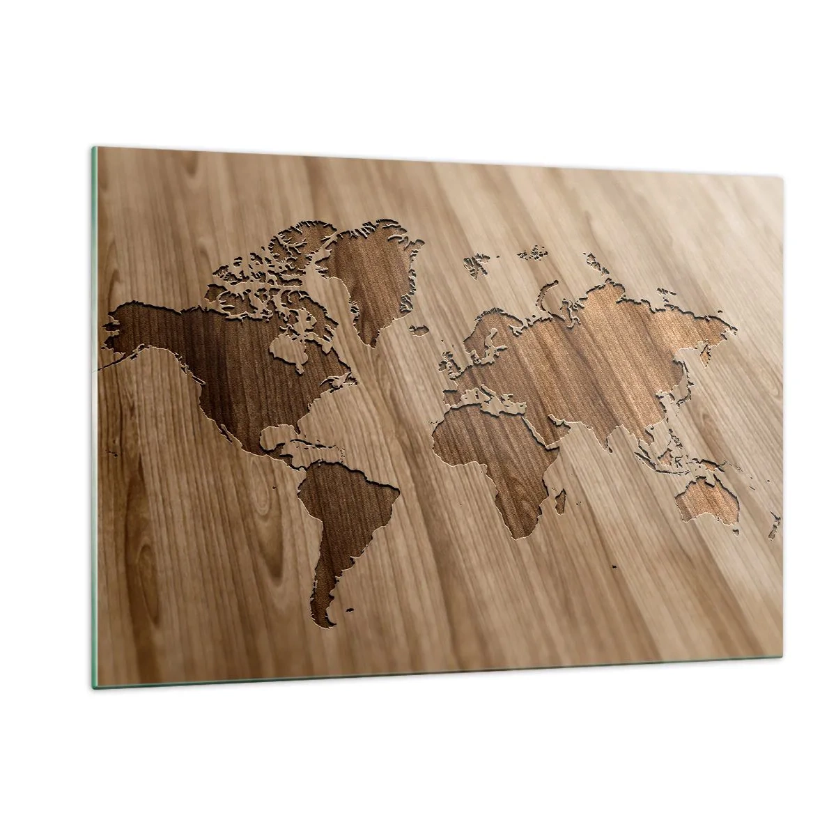 Cuadro sobre vidrio - Impresiones sobre Vidrio - Un mapa del mundo cortado en una superficie de madera. - 120x80cm - El mundo servido en la mesa - Decoración de pared moderna para salón y dormitorio ARTTOR