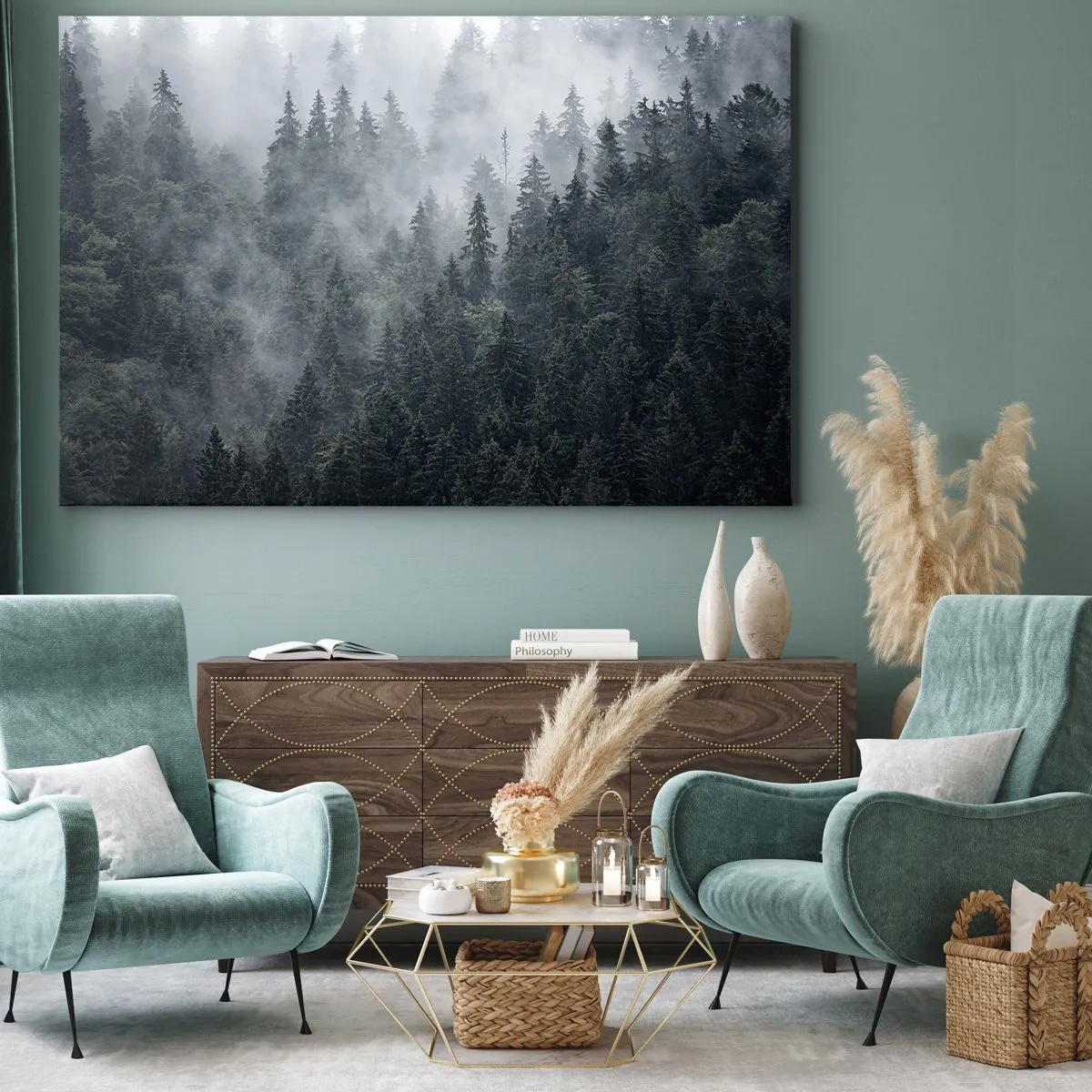 Cuadro sobre lienzo - Impresión de Imagen - Bosque de coníferas brumoso en tonos grises y verdes. - 120x80cm - Amanecer en el bosque - Decoración de pared moderna para salón y dormitorio ARTTOR