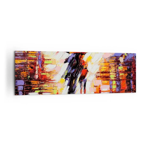 Cuadro sobre lienzo - Impresión de Imagen - Una escena abstracta de un paseo bajo un paraguas en una noche lluviosa. - 160x50cm - Juntos a través de la noche y la lluvia - Decoración de pared moderna para salón y dormitorio ARTTOR