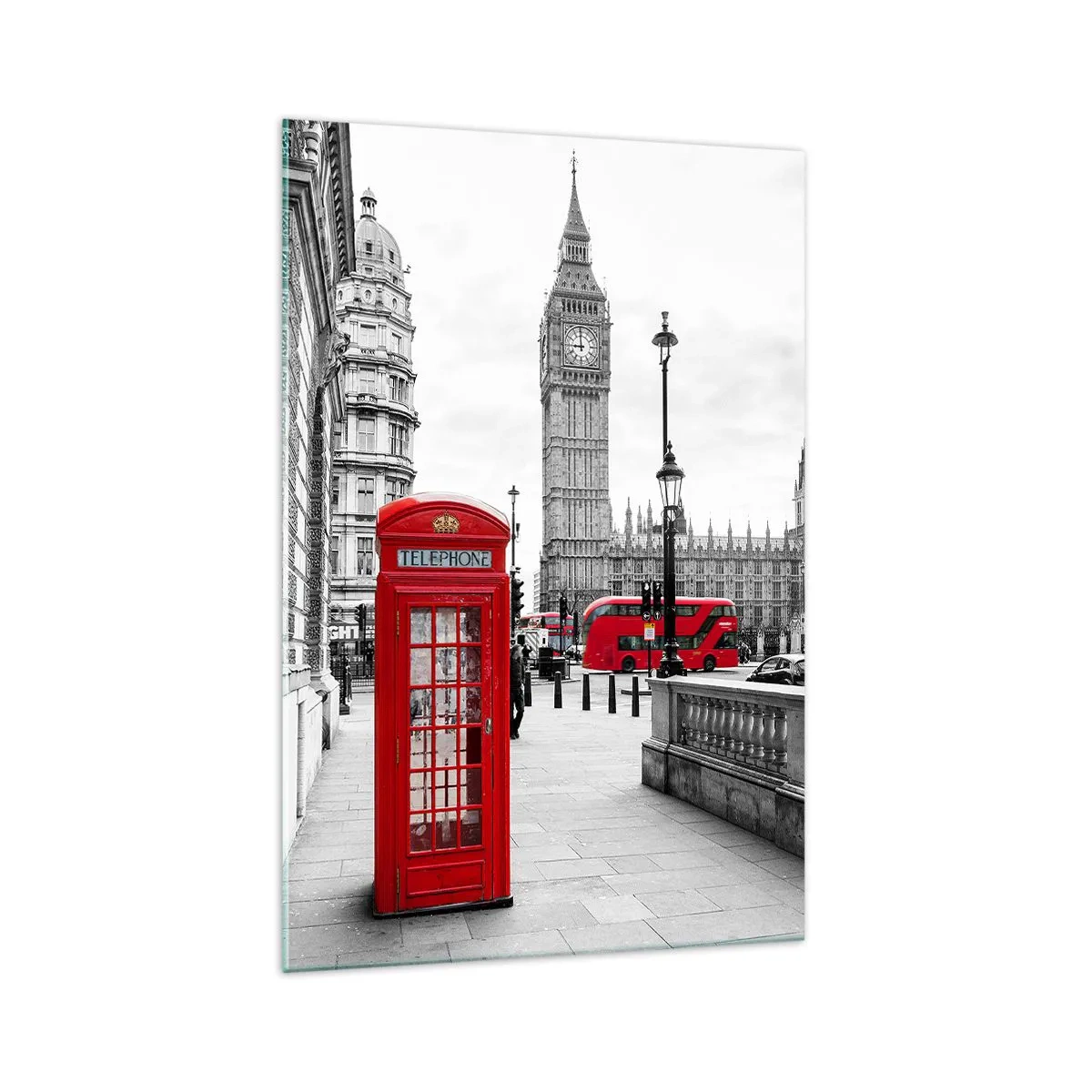 Cuadro sobre vidrio - Impresiones sobre Vidrio - Una cabina telefónica roja con el Big Ben al fondo en Londres - 70x100cm - Sin duda, Londres - Decoración de pared moderna para salón y dormitorio ARTTOR