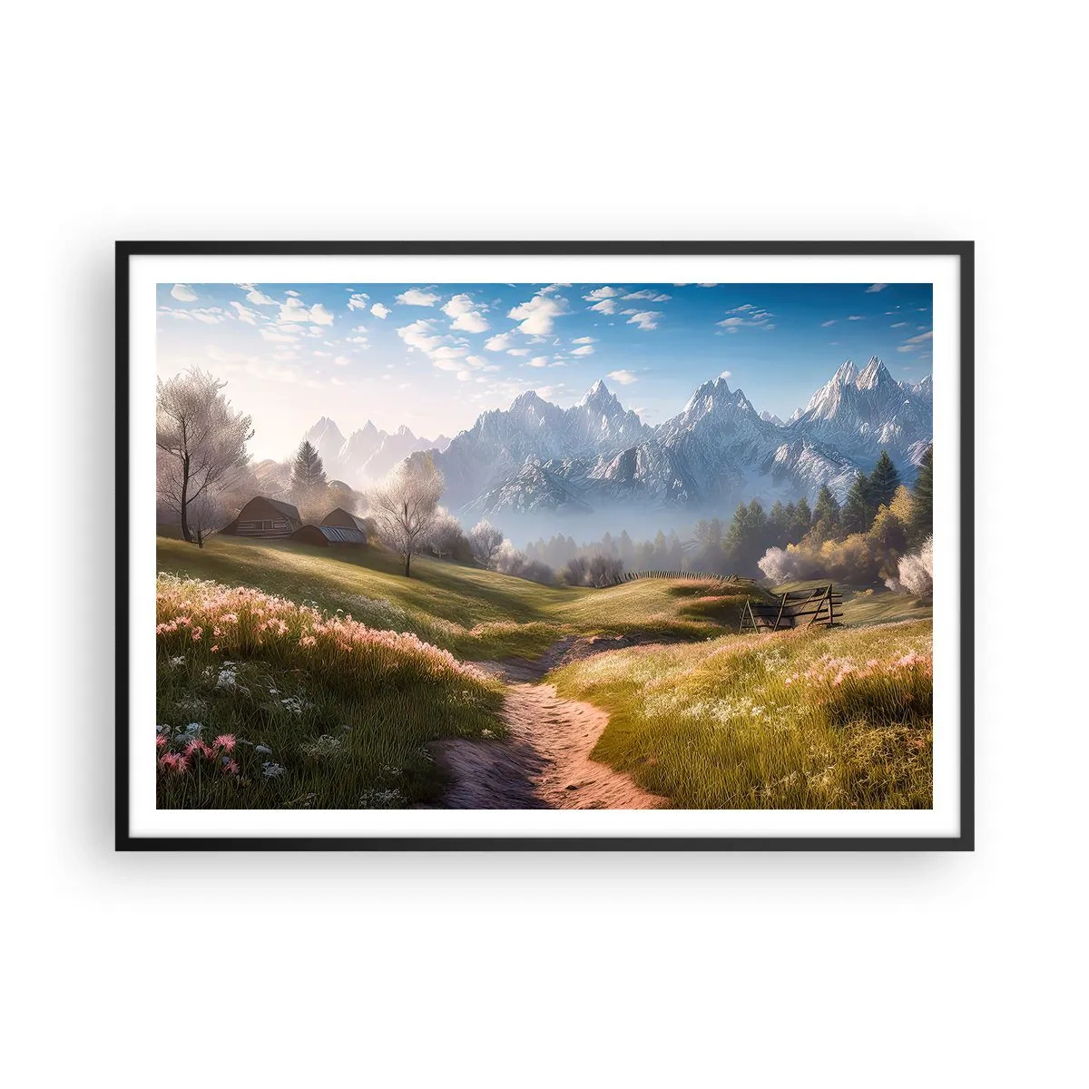 Póster en marco negro - Un valle de montaña con prados, cabañas y vistas a los picos. - 100x70cm - Valle idílico - Decoración de pared moderna para salón y dormitorio ARTTOR