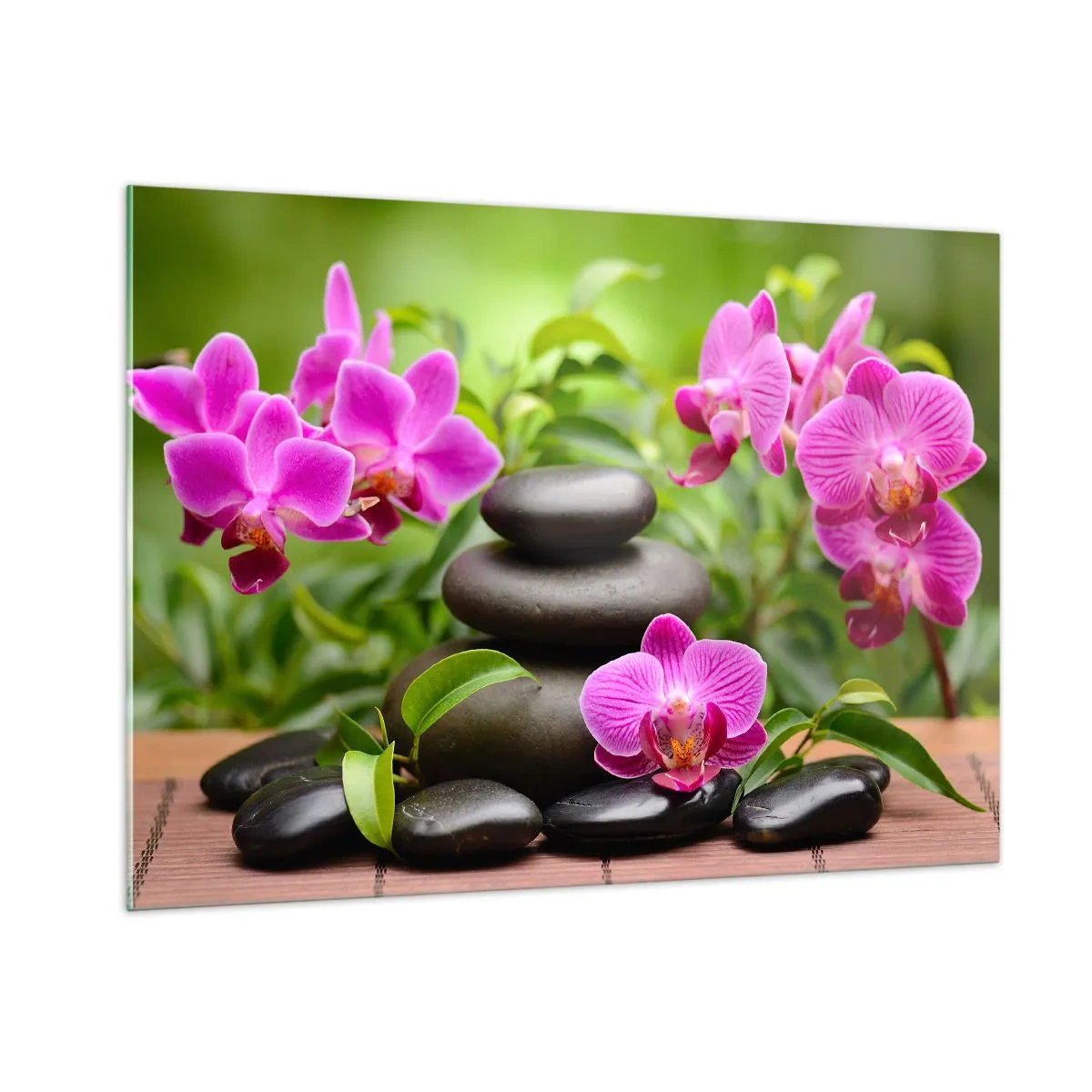 Cuadro sobre vidrio - Impresiones sobre Vidrio - Orquídeas rosas y piedras negras en un entorno tranquilo. - 100x70cm - Una pirámide de paz - Decoración de pared moderna para salón y dormitorio ARTTOR