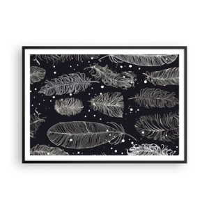 Póster en marco negro - Delicadas plumas blancas sobre un fondo azul marino. - 100x70cm - Encaje de plumas - Decoración de pared moderna para salón y dormitorio ARTTOR