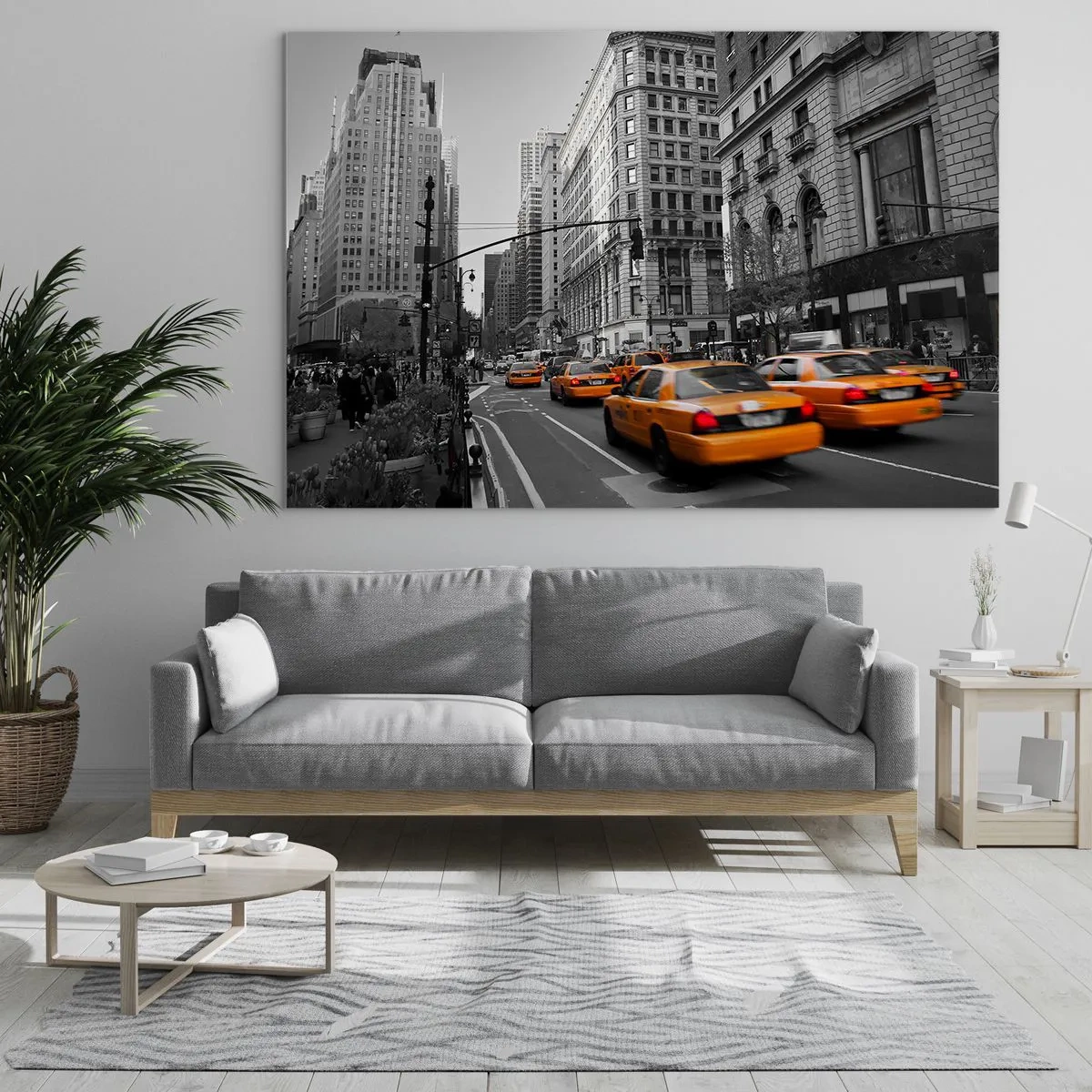 Cuadro sobre vidrio - Impresiones sobre Vidrio - Taxis amarillos en las calles de la ciudad en un entorno en blanco y negro - 70x50cm - Los soles de la gran ciudad - Decoración de pared moderna para salón y dormitorio ARTTOR