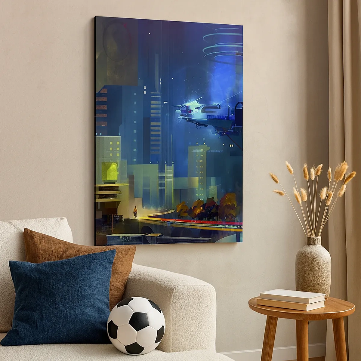 Cuadro sobre lienzo - Impresión de Imagen - Ciudad futurista de noche con luces de neón y un vehículo volador. - 50x70cm - En un futuro próximo - Decoración de pared moderna para salón y dormitorio ARTTOR