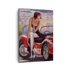 Cuadro sobre lienzo - Impresión de Imagen - Una mujer junto a un coche rojo con un pueblo al fondo - 50x70cm - Paseo veraniego - Decoración de pared moderna para salón y dormitorio ARTTOR