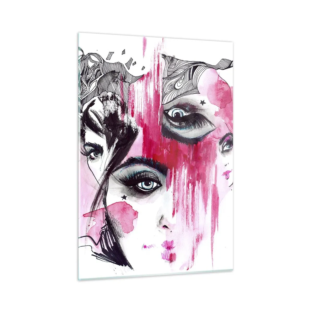 Cuadro sobre vidrio - Impresiones sobre Vidrio - Rostros femeninos abstractos con acentos rosas en un estilo de boceto. - 50x70cm - Ojos abstractos - Decoración de pared moderna para salón y dormitorio ARTTOR