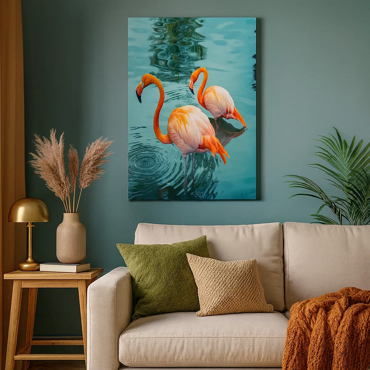 Cuadro sobre lienzo - Impresión de Imagen - Dos flamencos en el agua tranquila reflejando su entorno. - 50x70cm - Estamos de moda - Decoración de pared moderna para salón y dormitorio ARTTOR