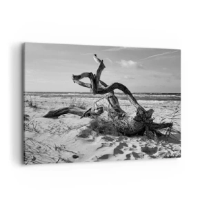 Cuadro sobre lienzo - Impresión de Imagen - Paisaje en blanco y negro con un árbol muerto en la playa. - 100x70cm - Escultura marina - Decoración de pared moderna para salón y dormitorio ARTTOR