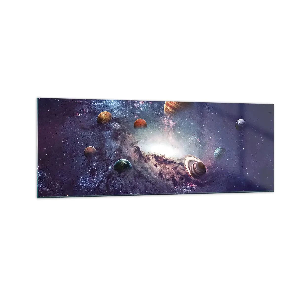 Cuadro sobre vidrio - Impresiones sobre Vidrio - Planetas en una galaxia con una nebulosa al fondo - 140x50cm - La danza alrededor del Sol - Decoración de pared moderna para salón y dormitorio ARTTOR